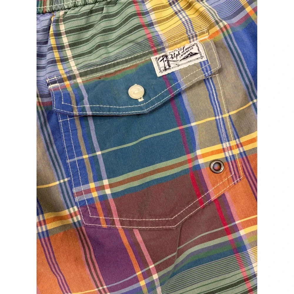 Polo Ralph Lauren Mens Madras Plaid Swim Trunks Multicolor Mesh Lined Large